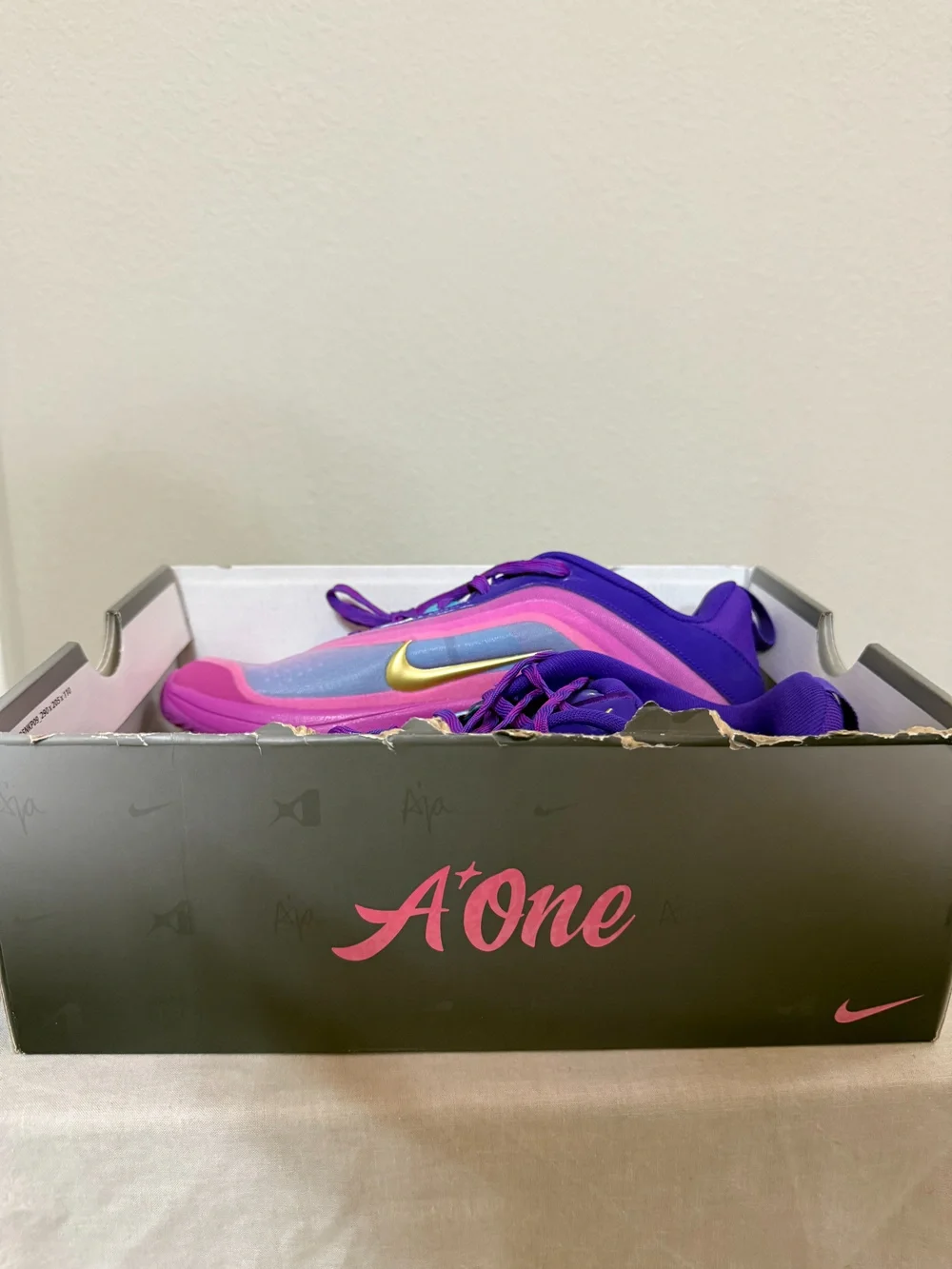 Nike A'One Gs Basketball Shoes Purple Pink Gold Size 6.5Y, Fit Women size 8